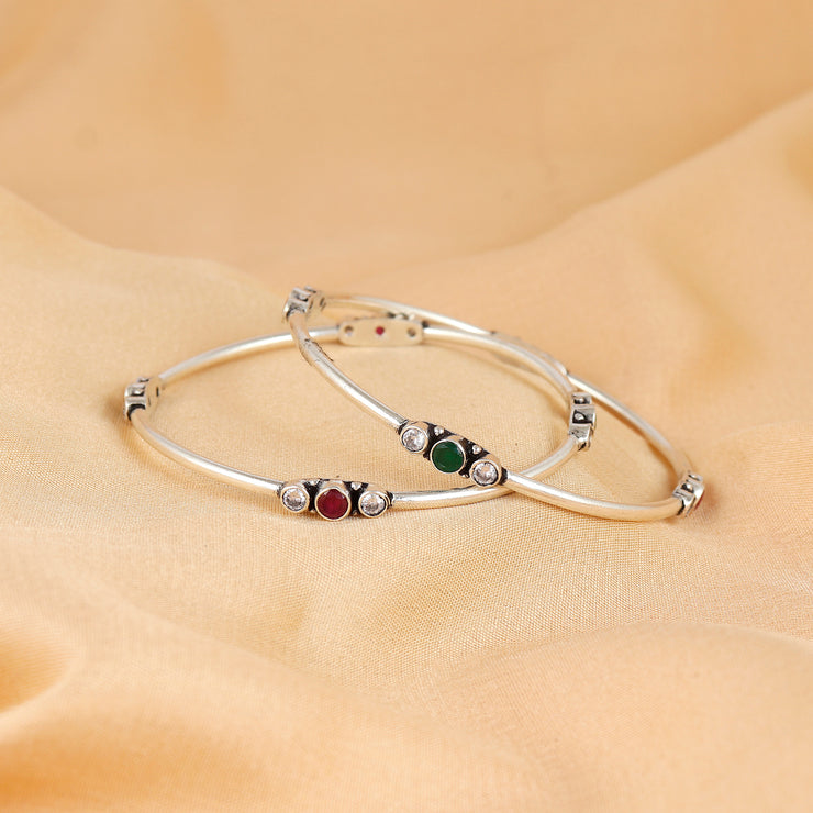 Round Shape Gemstone Silver Bangle