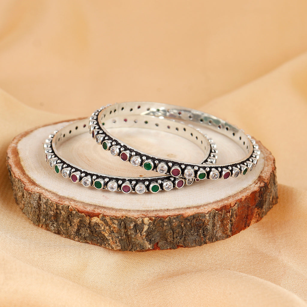 Round Multicolor Gemstone Silver Bangle