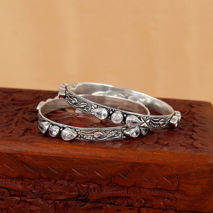 Silver Filigree Work Style Cubic Zirconia  Bangle