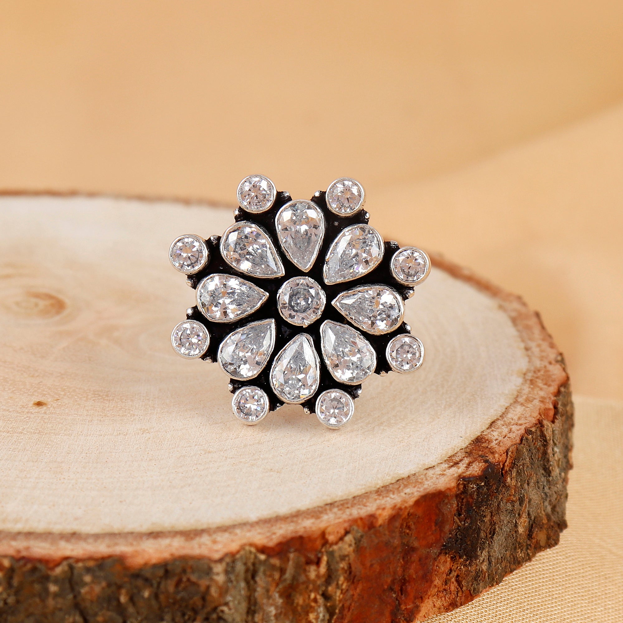 Sparkling Cubic Zirconia Petal Silver Ring