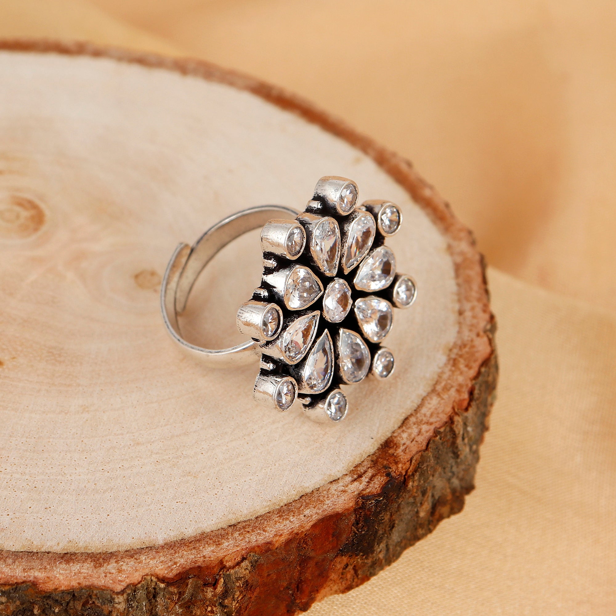 Sparkling Cubic Zirconia Petal Silver Ring