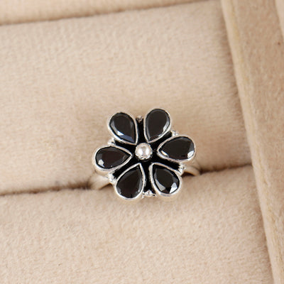Black Blossom Shine Silver Ring For Women