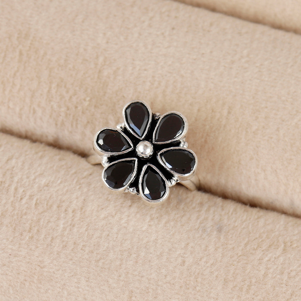 Black Blossom Shine Silver Ring For Women