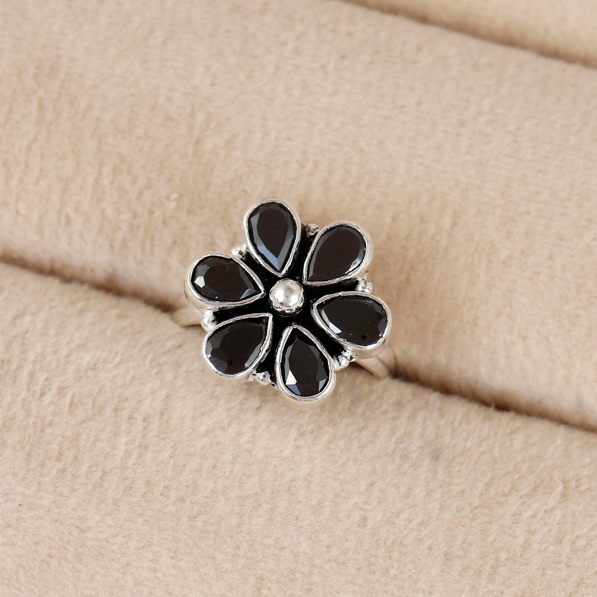 Black Blossom Shine Silver Ring For Women