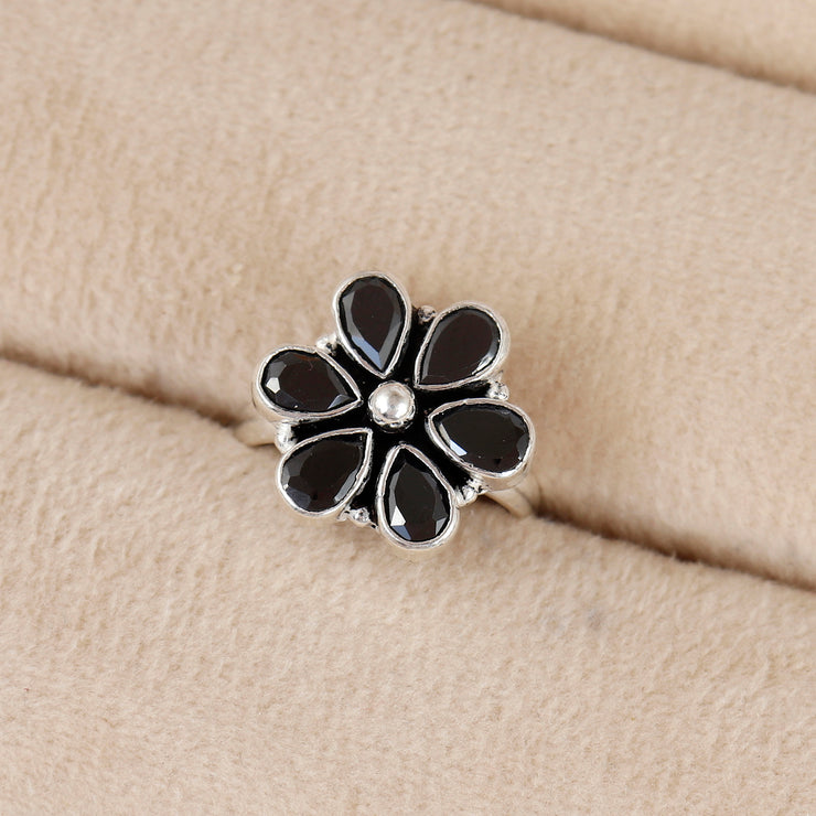 Black Blossom Shine Silver Ring For Women