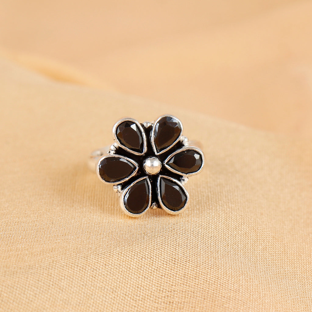 Black Blossom Shine Silver Ring For Women