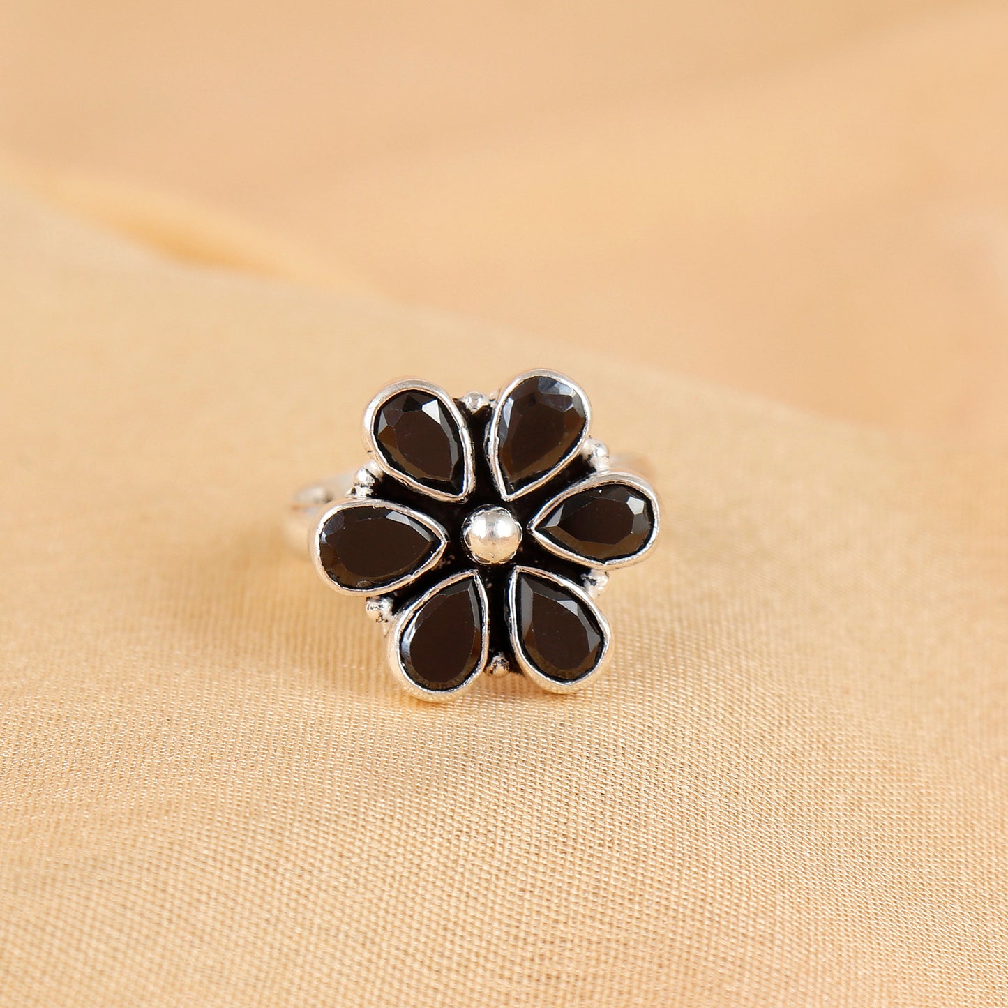Black Blossom Shine Silver Ring For Women