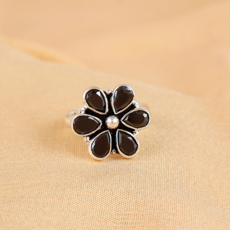 Black Blossom Shine Silver Ring For Women