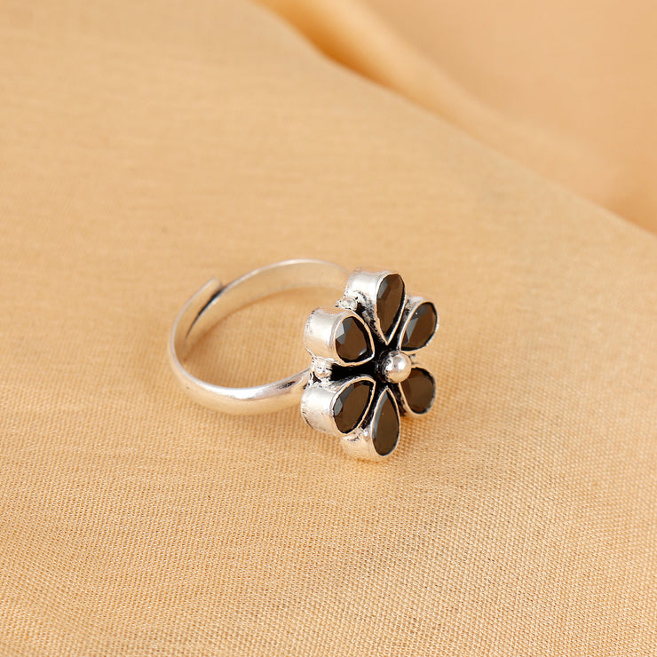 Black Blossom Shine Silver Ring For Women