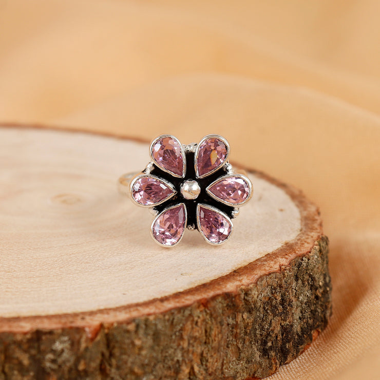 Pink Blossom Shine Silver Ring For Women