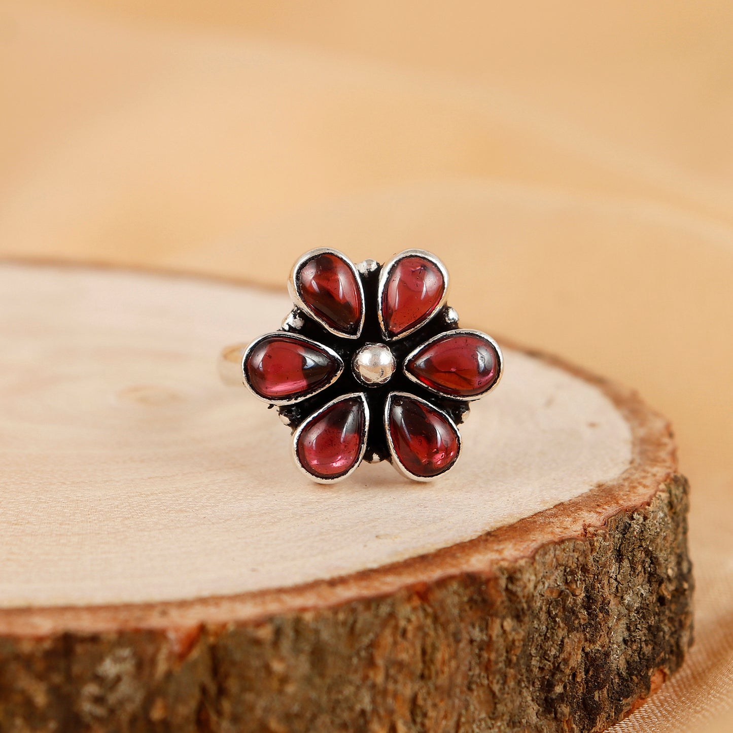 Red Blossom Shine Silver Ring For Women