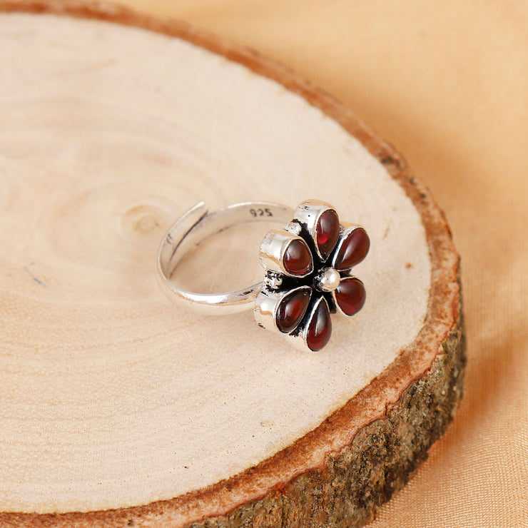 Red Blossom Shine Silver Ring For Women