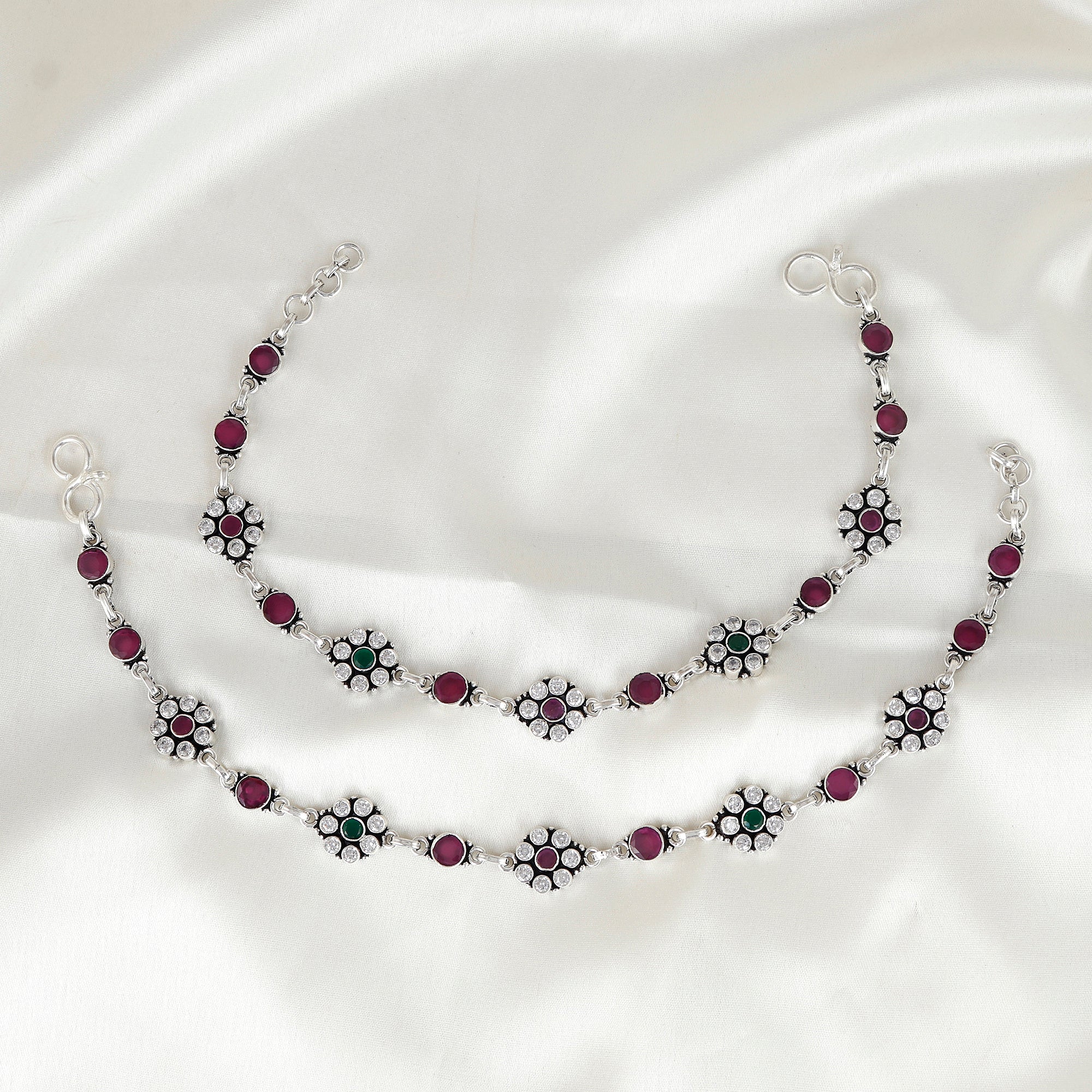 Royal Blossom Silver Anklet Pair