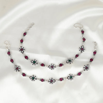 Royal Blossom Silver Anklet Pair