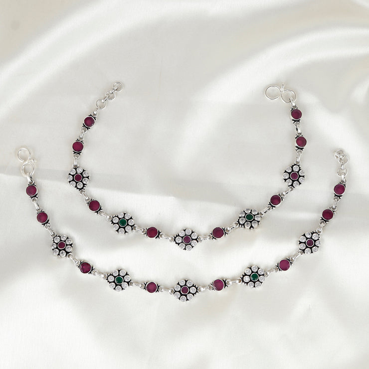 Royal Blossom Silver Anklet Pair