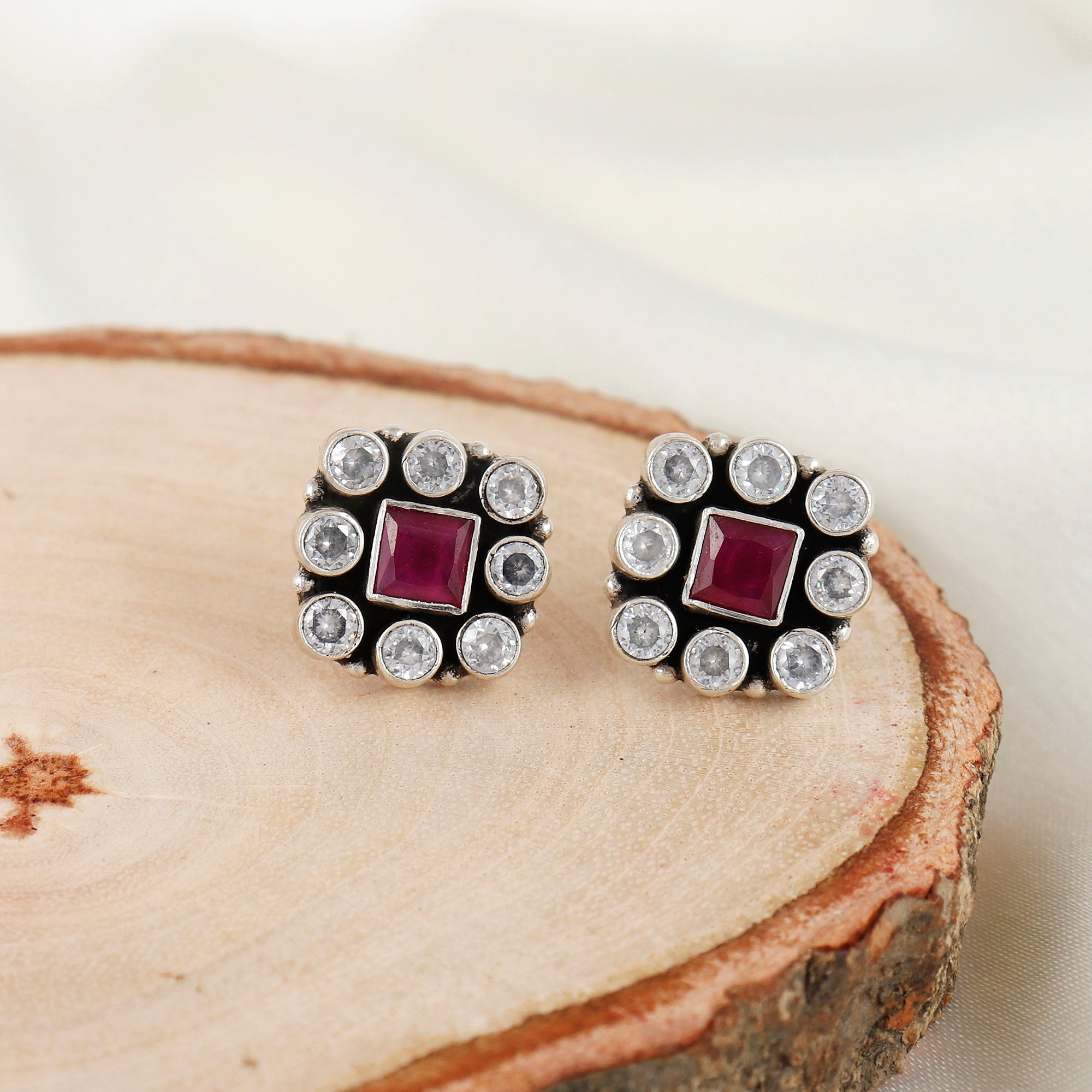 Jadau Ruby Cubic Zirconia Silver Earring