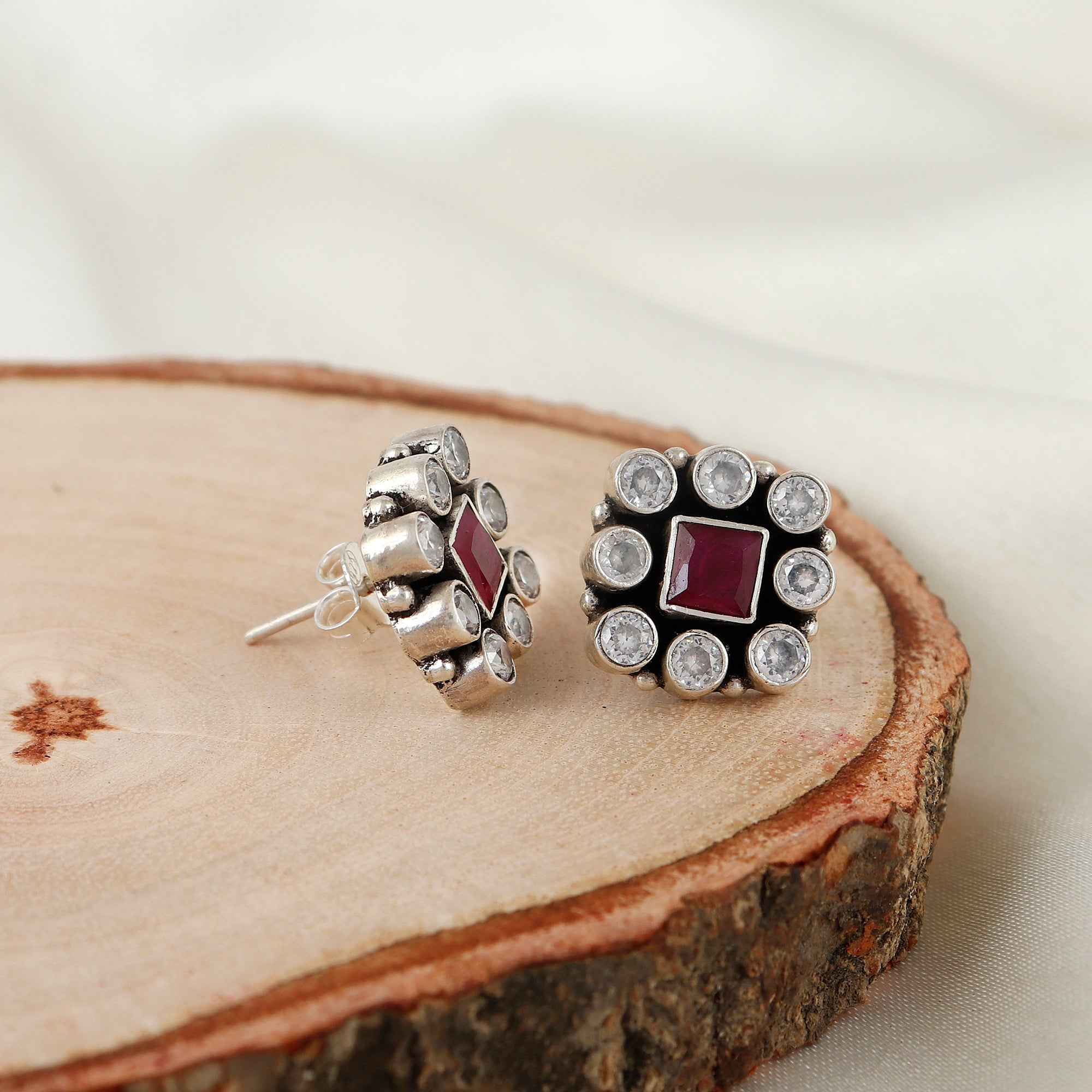 Jadau Ruby Cubic Zirconia Silver Earring