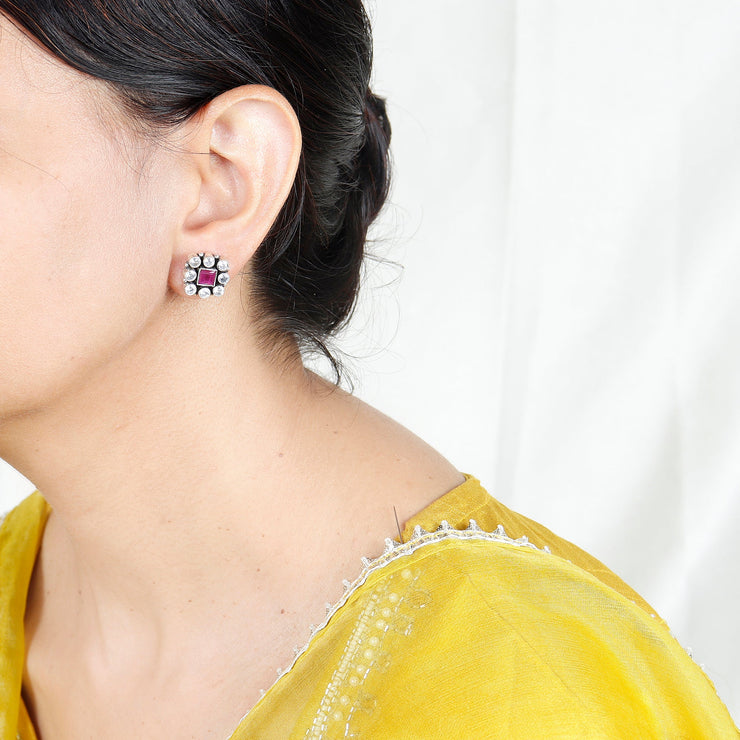 Jadau Ruby Cubic Zirconia Silver Earring