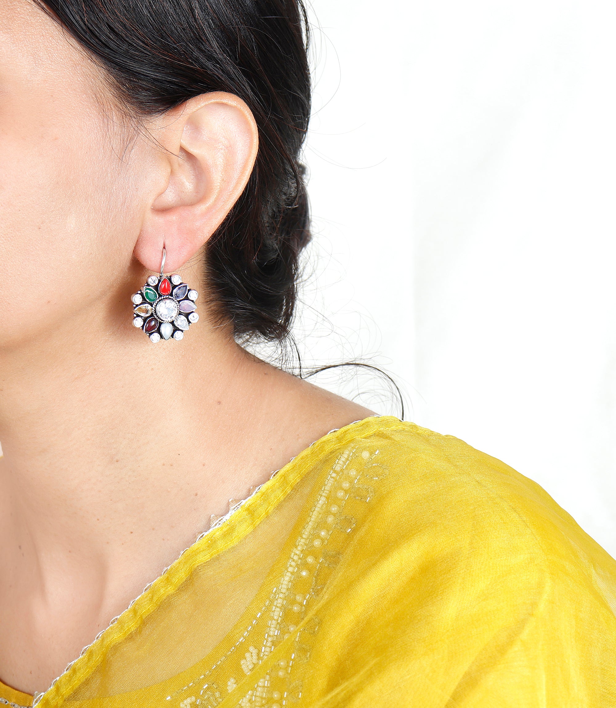 Navratan Silver Earring For Women