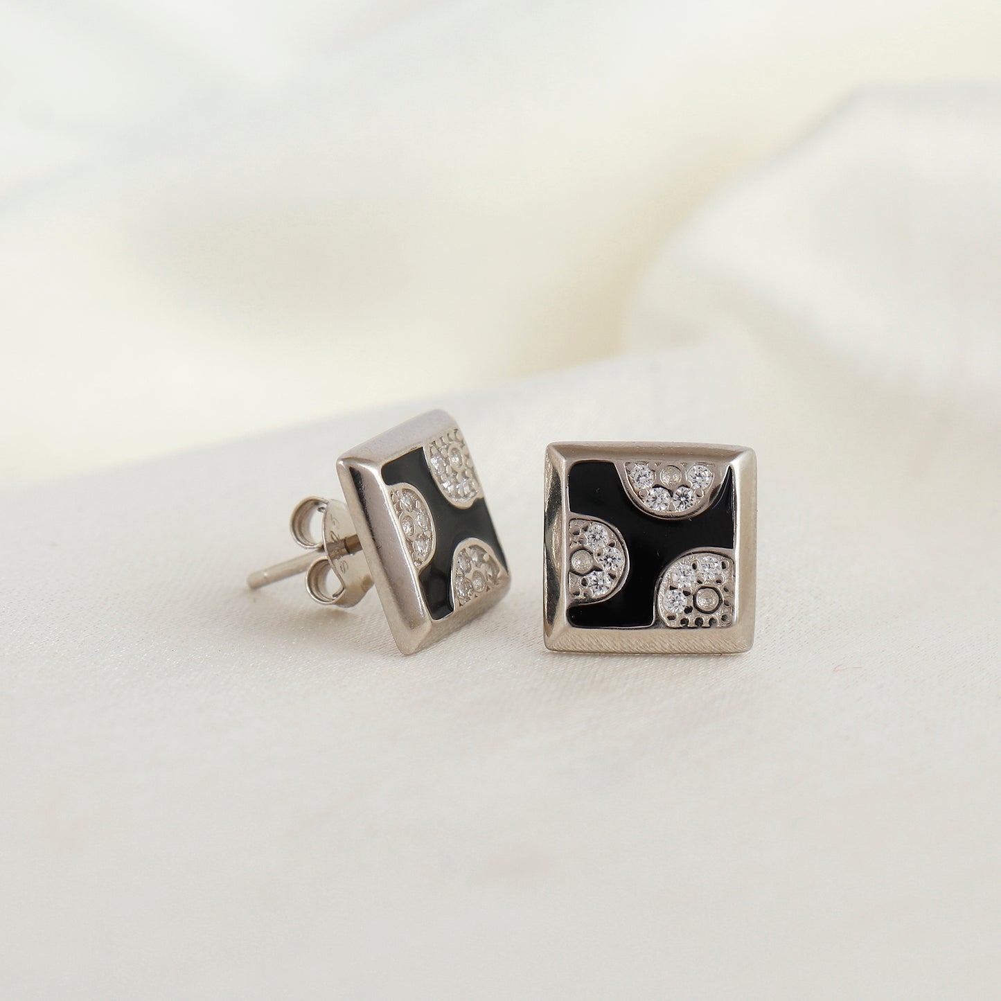 Black Crystal Bloom Silver Party Wear Studs