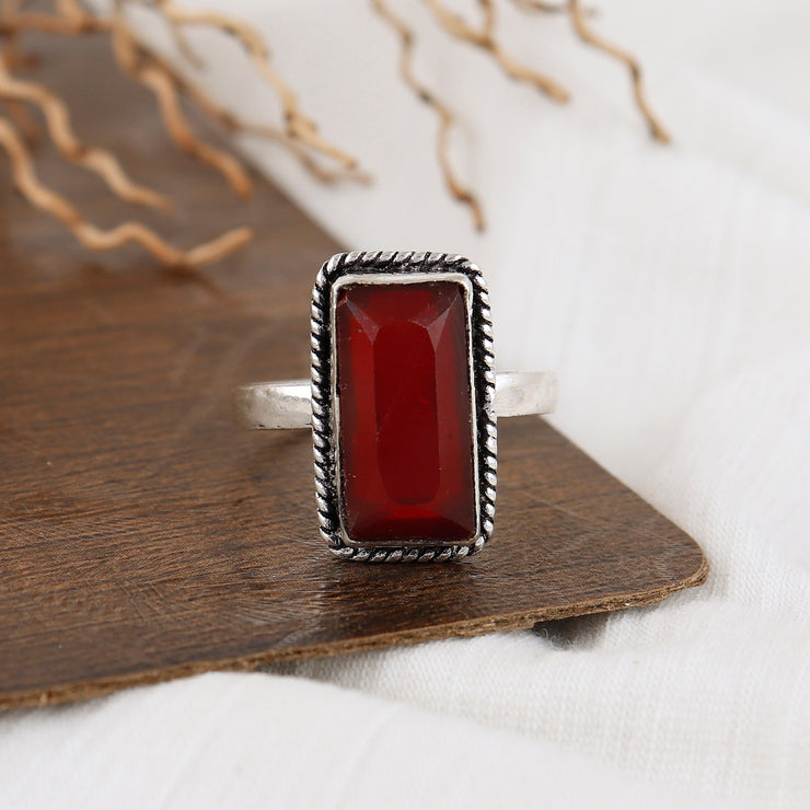 Jadau Red Stone Silver Ring