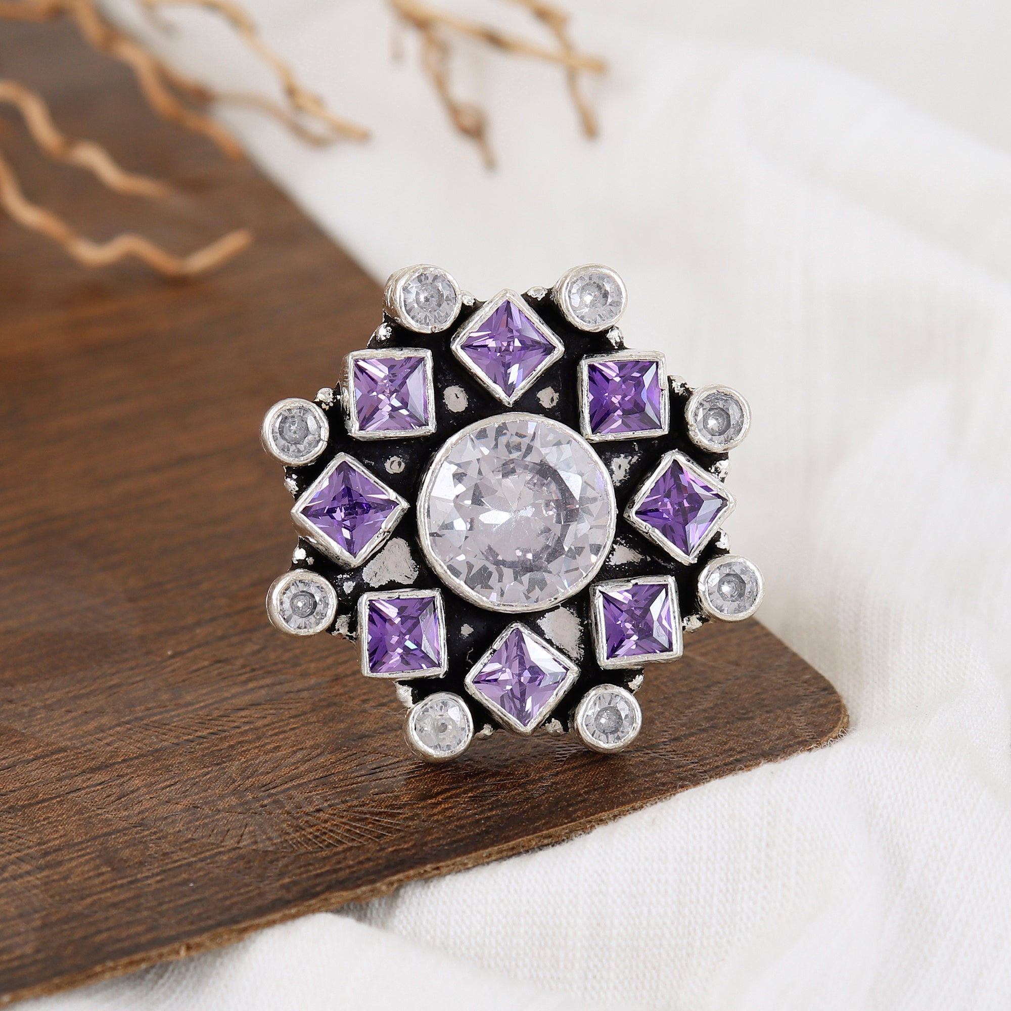 Midnight Blossom Flora Silver Ring