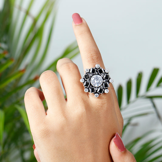 Midnight Blossom Flora Silver Ring