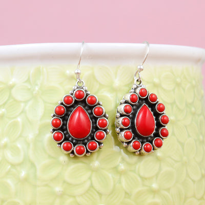 Silver Hoop  Coral Drops  Earring