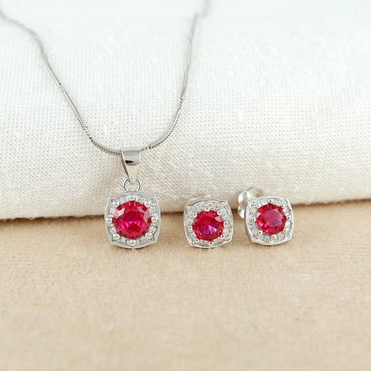 Ruby Glow Silver Pendant Set