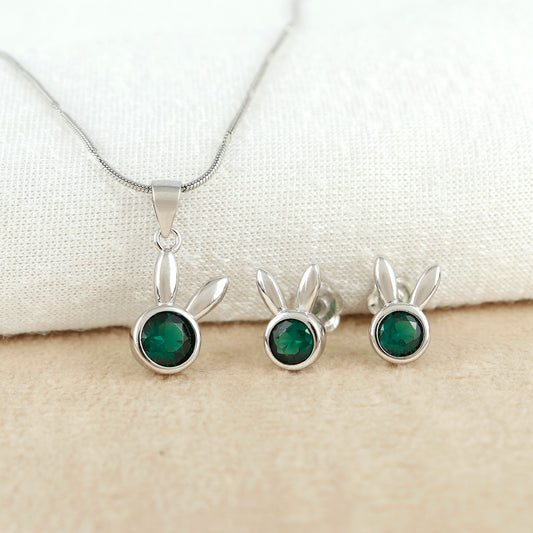 Bunny Emerald Silver Charm Pendant Set