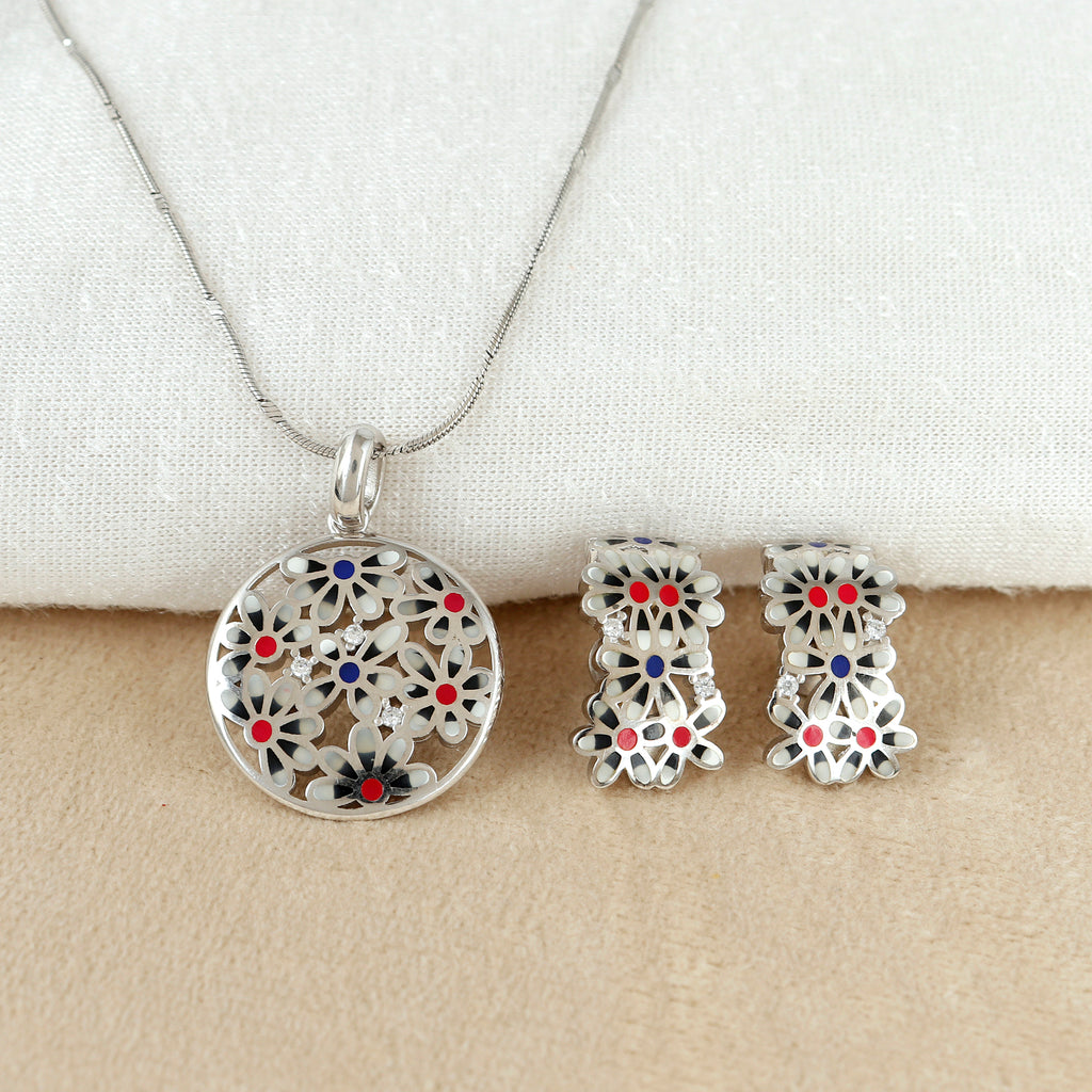 Floral Enamel Silver Pendant Set