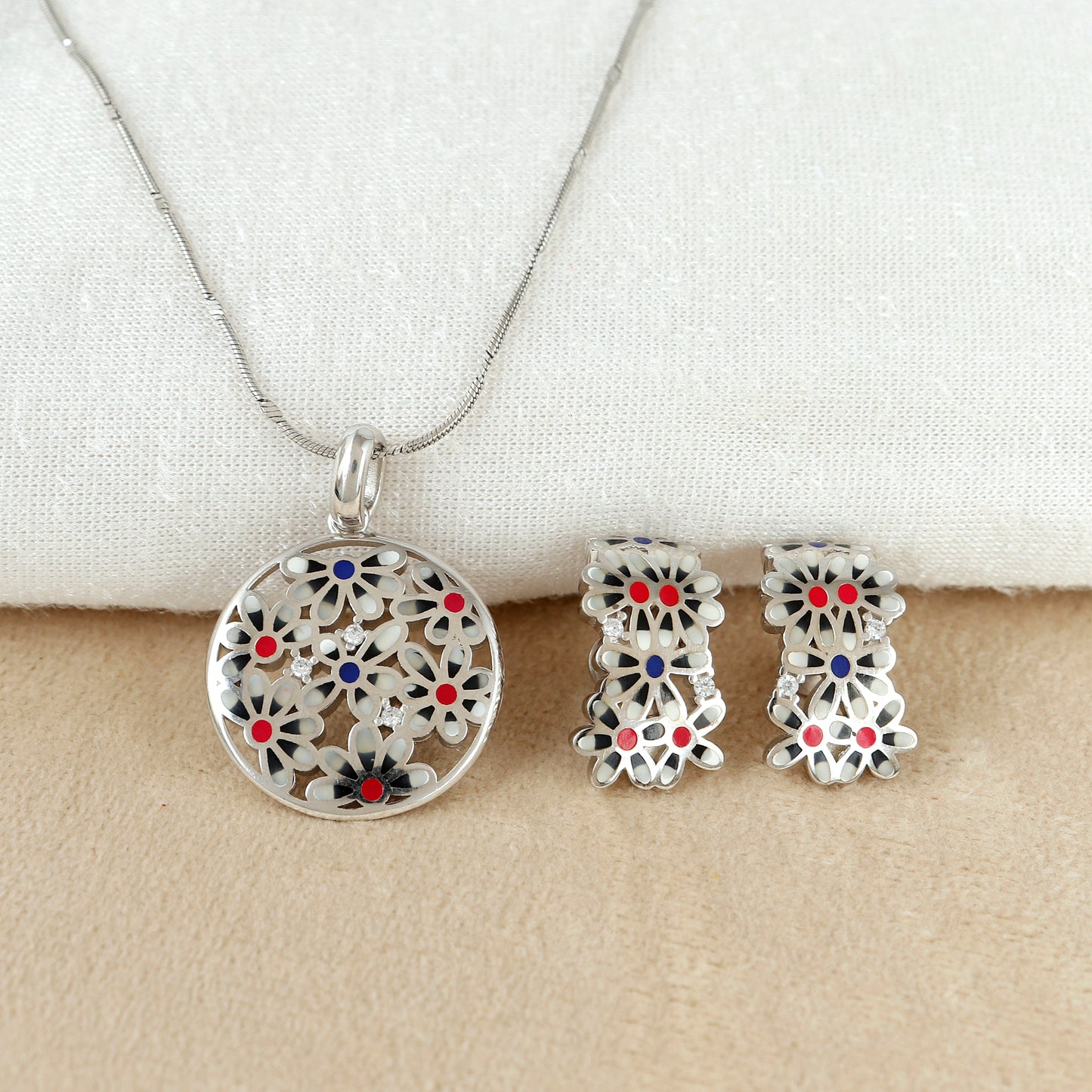 Floral Enamel Silver Pendant Set
