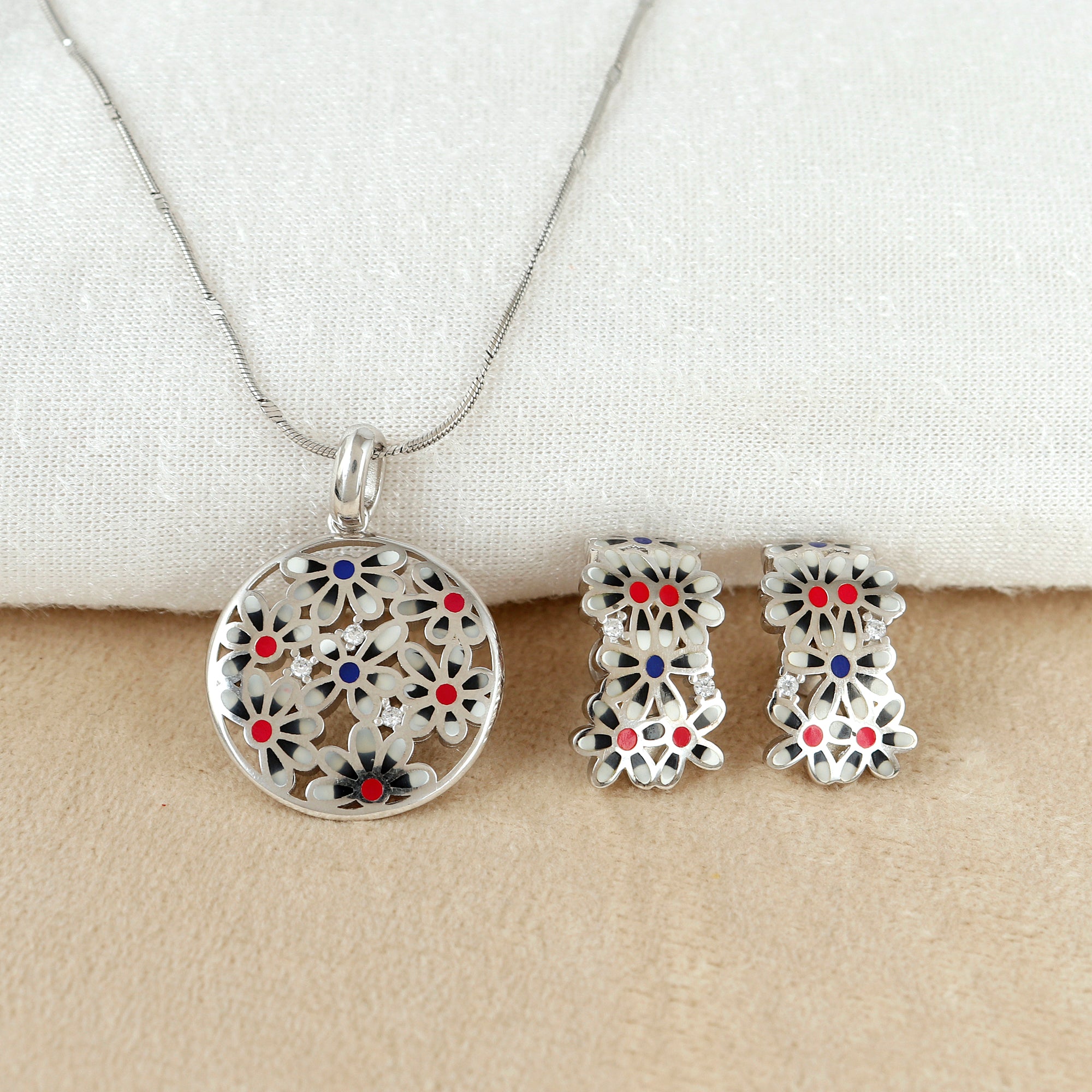 Floral Enamel Silver Pendant Set