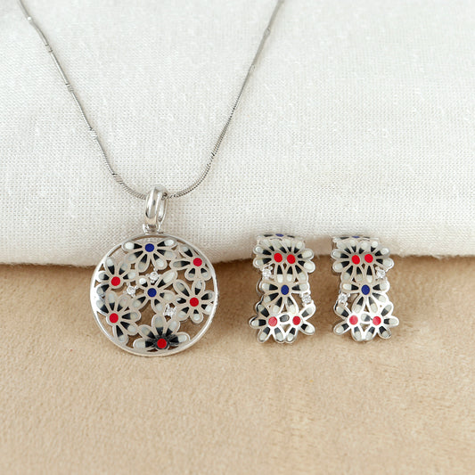 Floral Enamel Silver Pendant Set