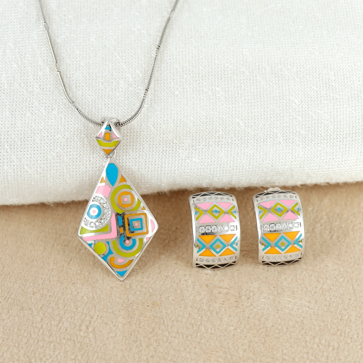 Korean Color Pop Geometric Silver Pendant Set