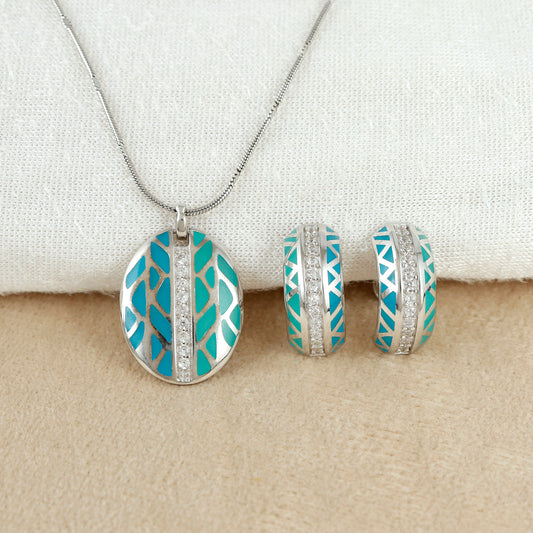 Korean Teal Leaf Oval Silver Pendant Set