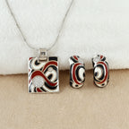 Abstract Enamel Square Silver Pendant Set