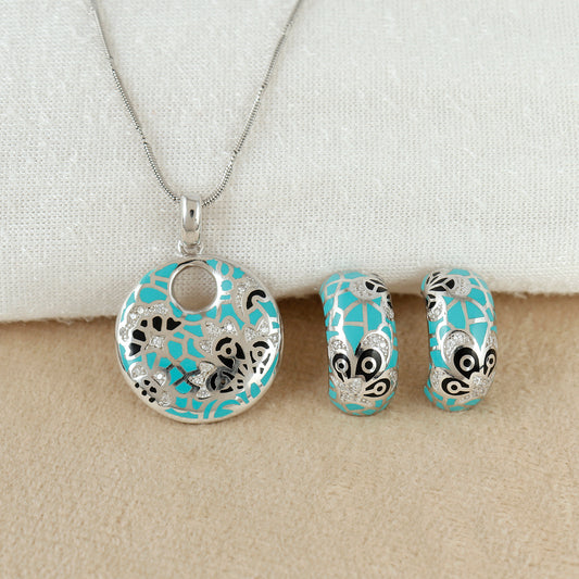 Turquoise Floral Round Pendant Silver Set