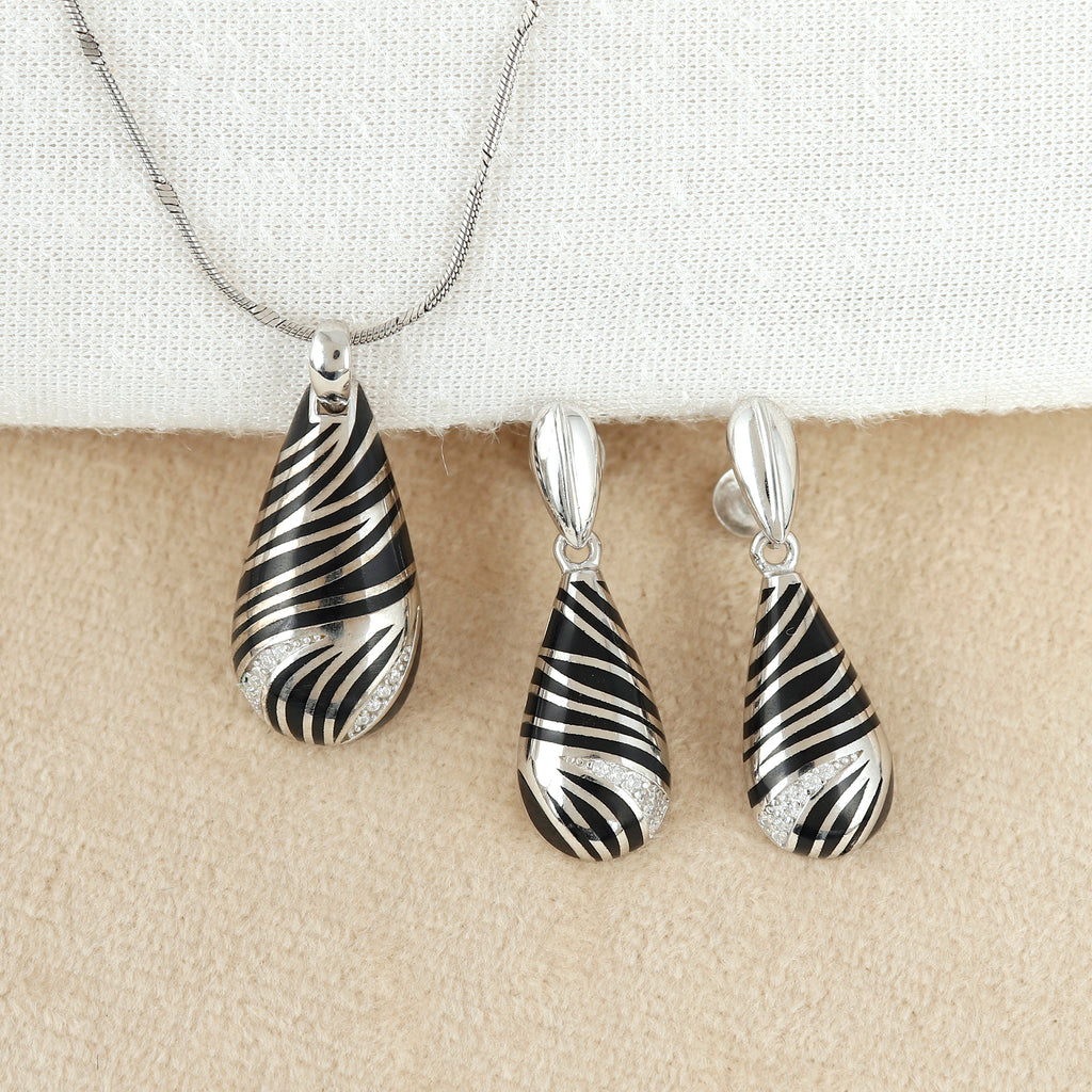 Zebra Stripe Teardrop Silver Pendant Set