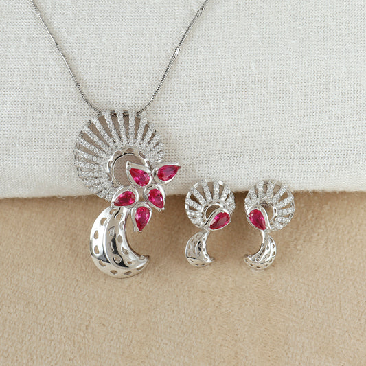 Evening Crimson Sparkle Silver Pendant Set