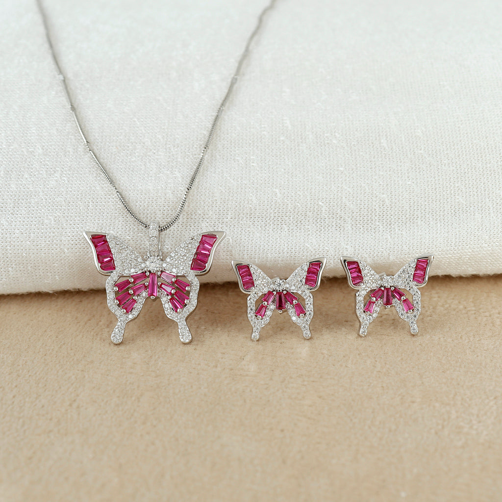 Ruby Butterfly Charm Necklace Silver Set