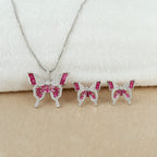 Ruby Butterfly Charm Necklace Silver Set