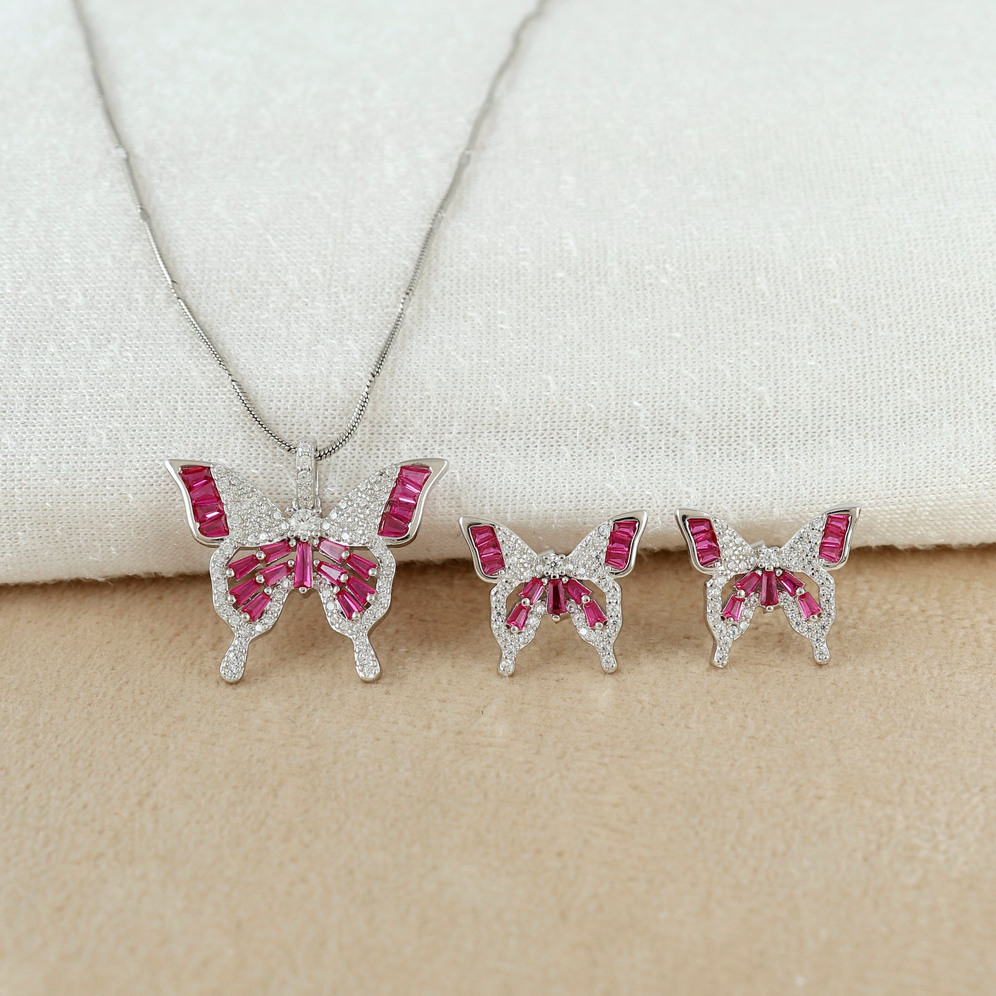 Ruby Butterfly Charm Necklace Silver Set