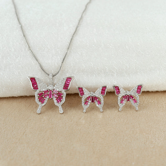 Ruby Butterfly Charm Necklace Silver Set