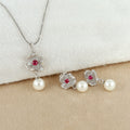 Classic Ruby Pearl Drop Silver Pendant Set