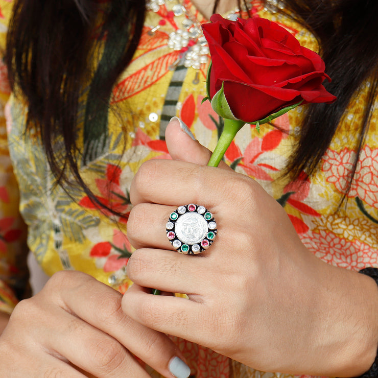 92.5 Silver Coin Multicolor Gemstone Ring