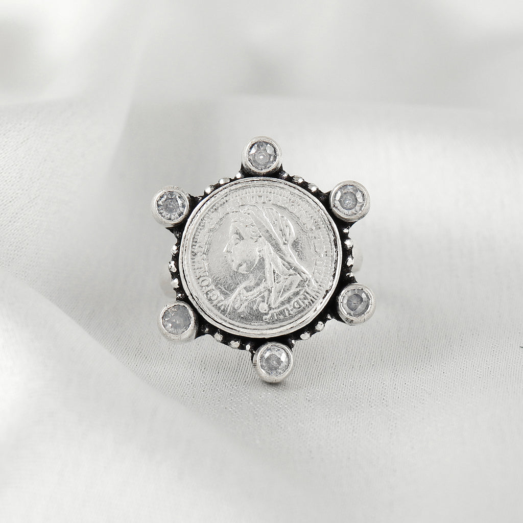 Vintage Silver Coin Rava Work Ring