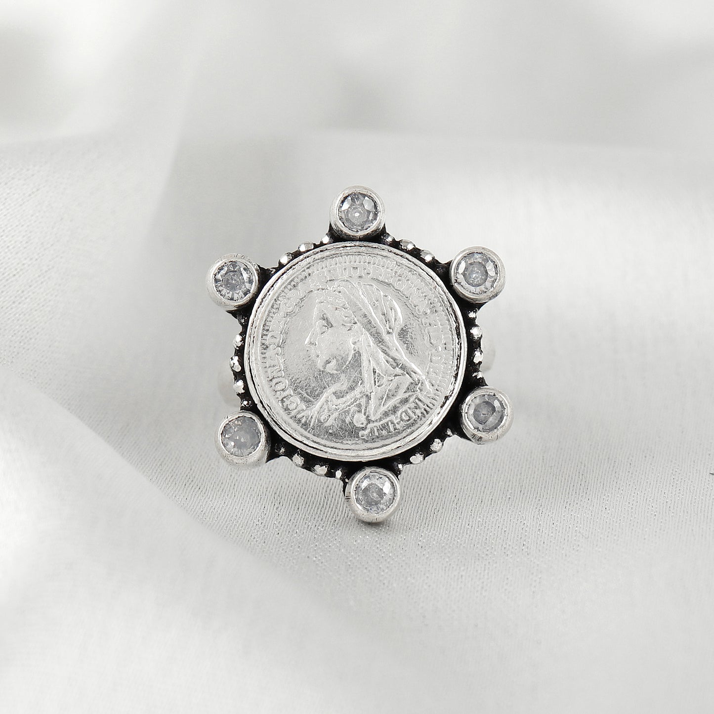 Vintage Silver Coin Rava Work Ring