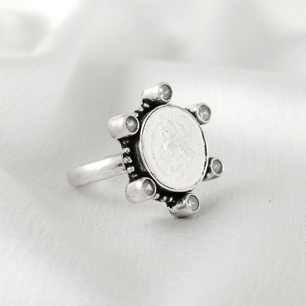 Vintage Silver Coin Rava Work Ring