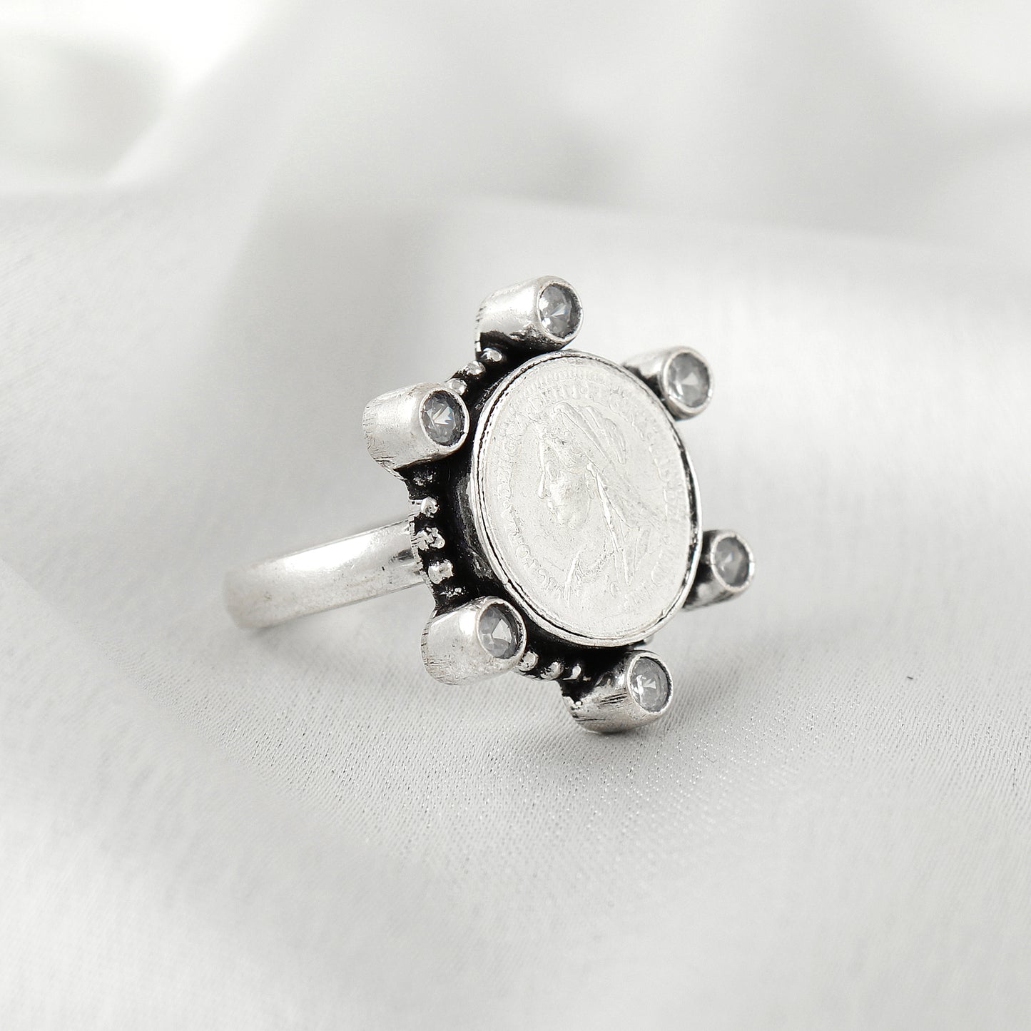 Vintage Silver Coin Rava Work Ring